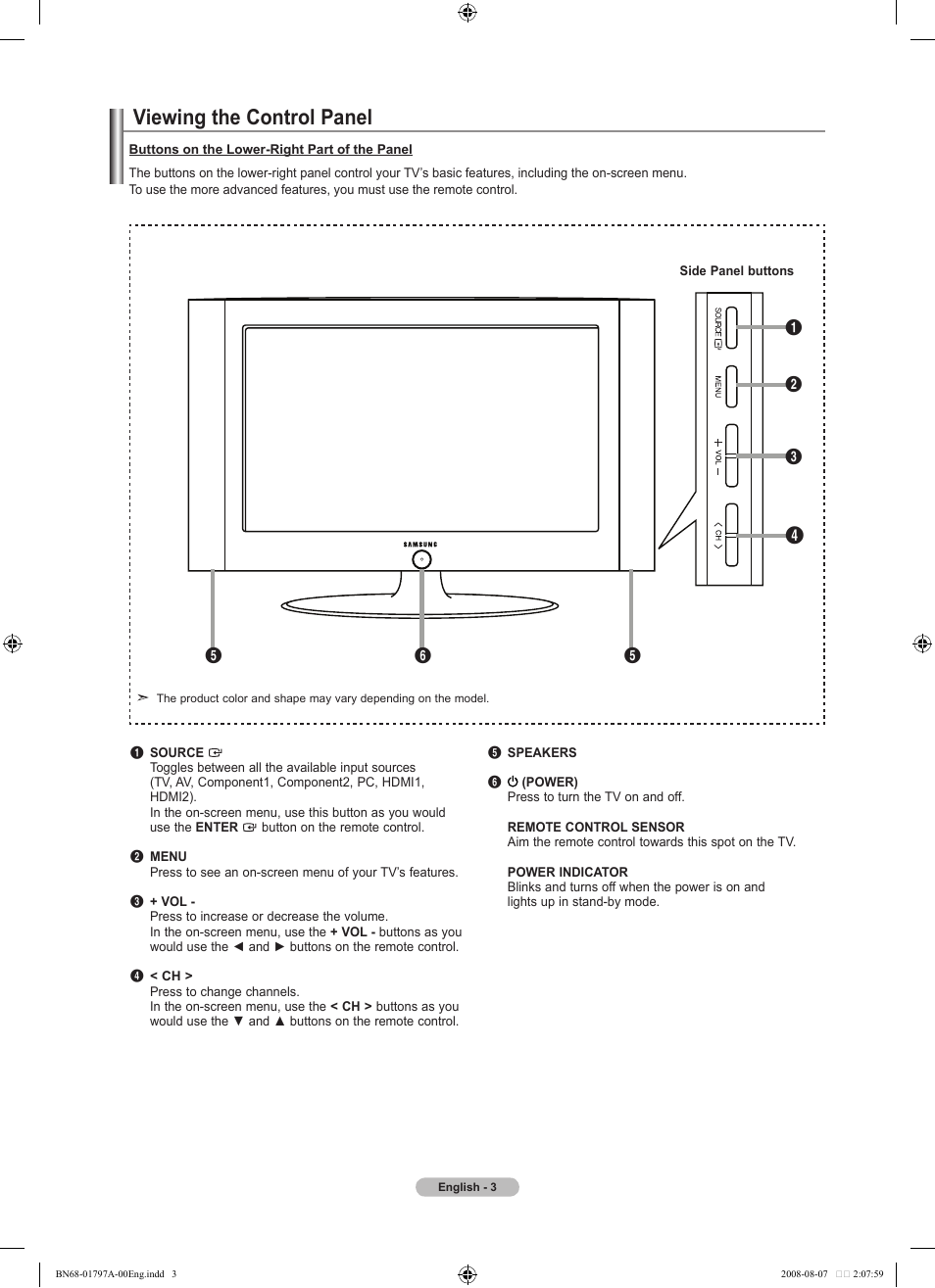 Viewing the control panel | Samsung BN68-01797A-00 User Manual | Page 5 / 187