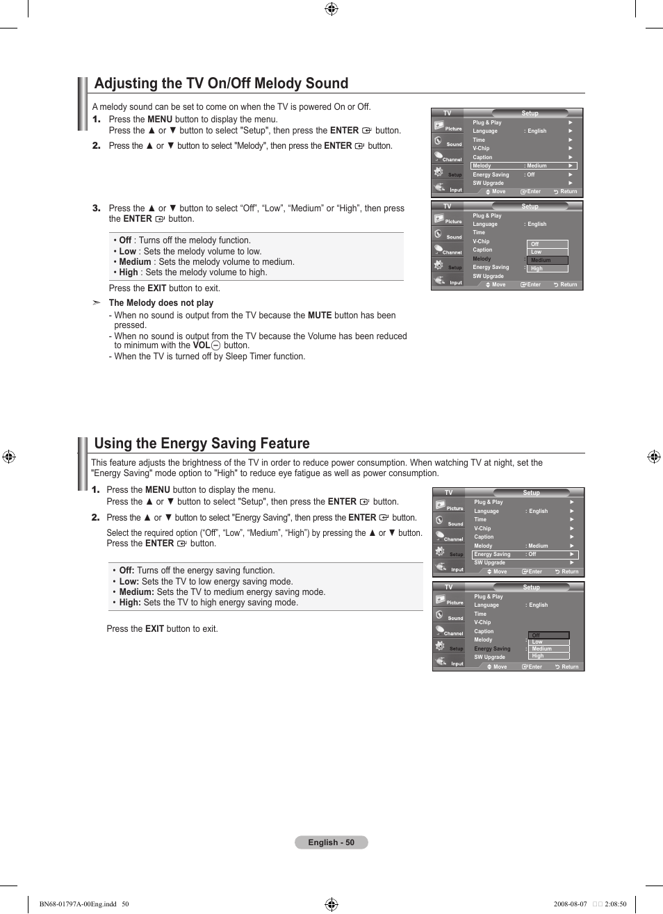Adjusting the tv on/off melody sound, Using the energy saving feature | Samsung BN68-01797A-00 User Manual | Page 52 / 187