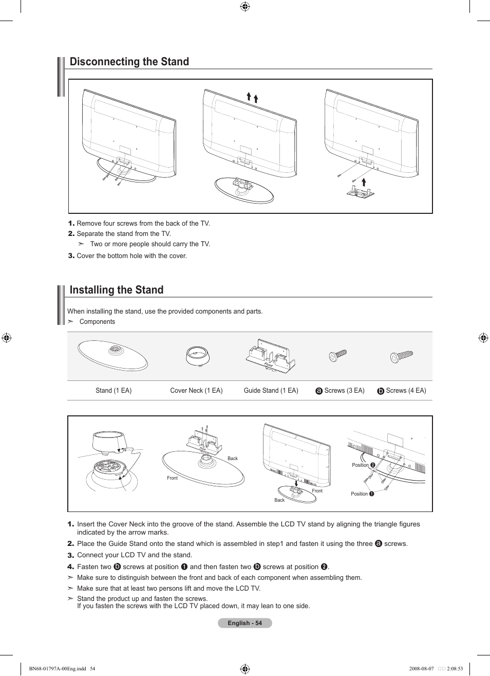 Disconnecting the stand, Installing the stand, Installing the stand disconnecting the stand | Samsung BN68-01797A-00 User Manual | Page 56 / 187