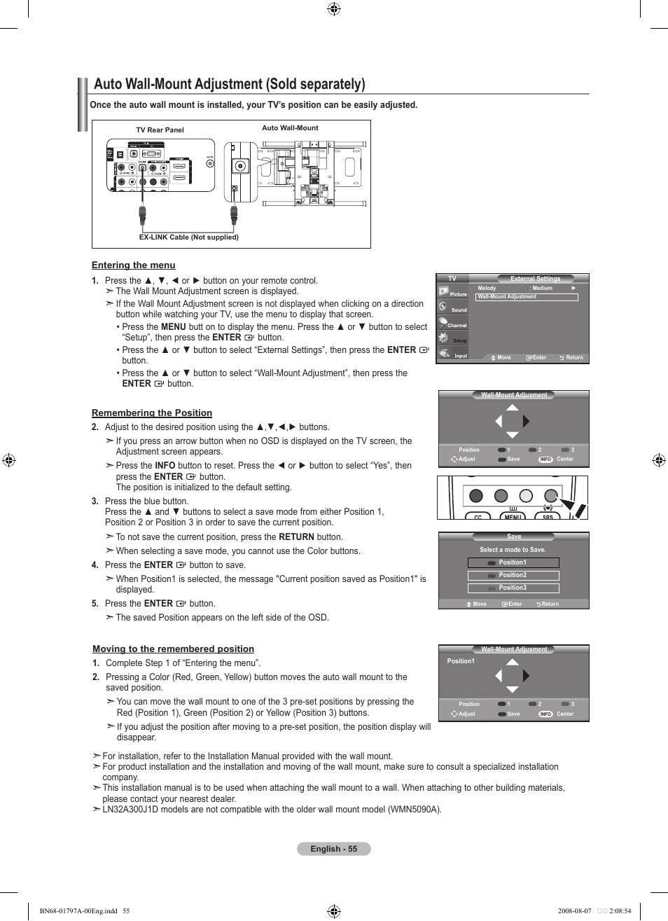 Auto wall-mount adjustment (sold separately) | Samsung BN68-01797A-00 User Manual | Page 57 / 187