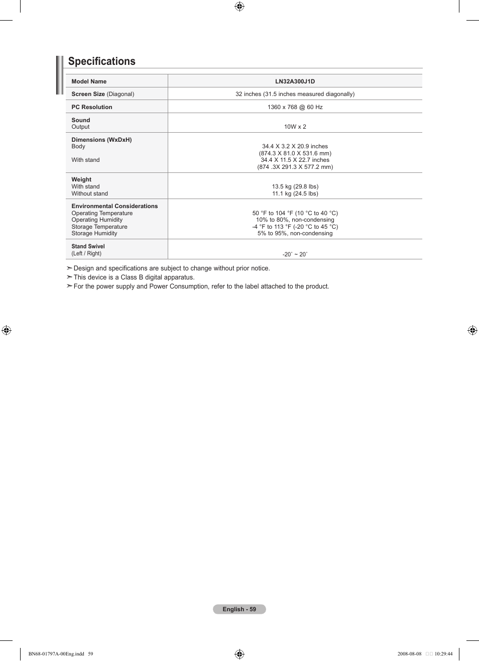 Specifications | Samsung BN68-01797A-00 User Manual | Page 61 / 187