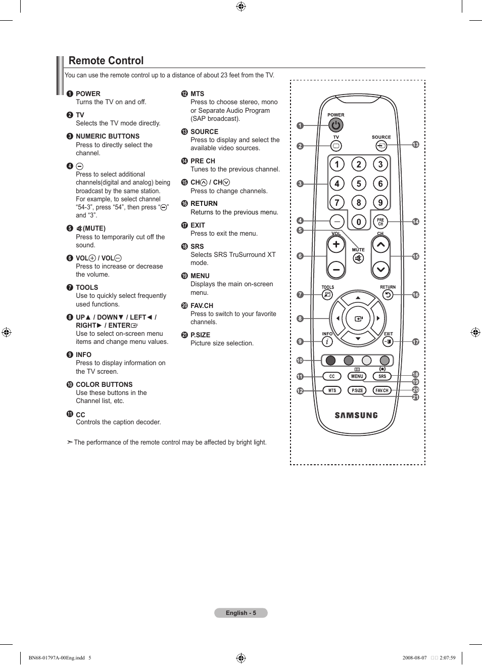 Remote control | Samsung BN68-01797A-00 User Manual | Page 7 / 187