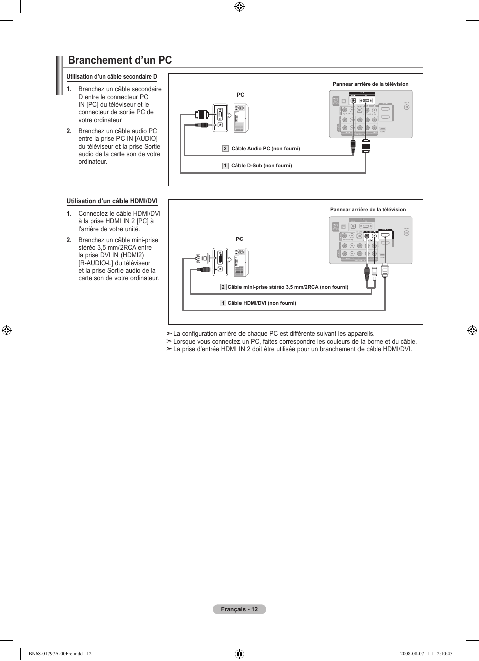 Branchement d’un pc | Samsung BN68-01797A-00 User Manual | Page 76 / 187