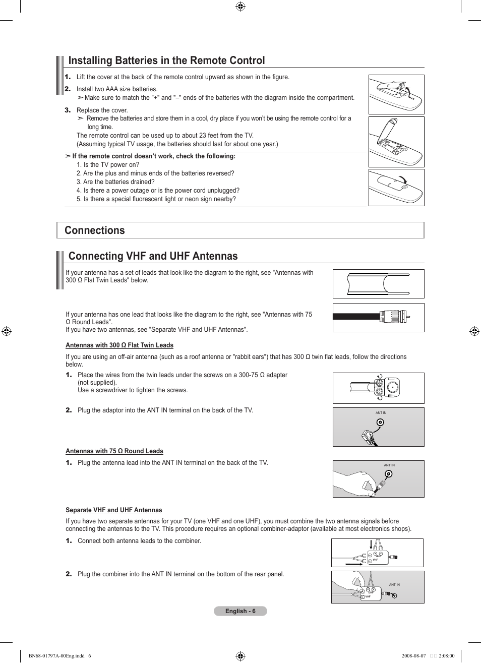 Installing batteries in the remote control, Connections, Connecting vhf and uhf antennas | Samsung BN68-01797A-00 User Manual | Page 8 / 187