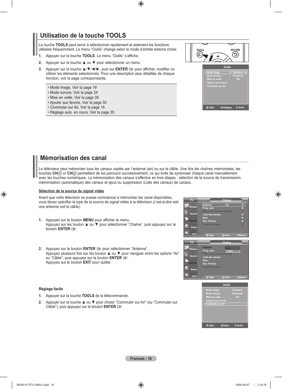 Mémorisation des canal, Utilisation de la touche tools | Samsung BN68-01797A-00 User Manual | Page 80 / 187