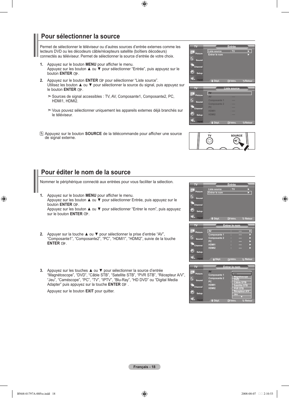 Pour sélectionner la source, Pour éditer le nom de la source | Samsung BN68-01797A-00 User Manual | Page 82 / 187