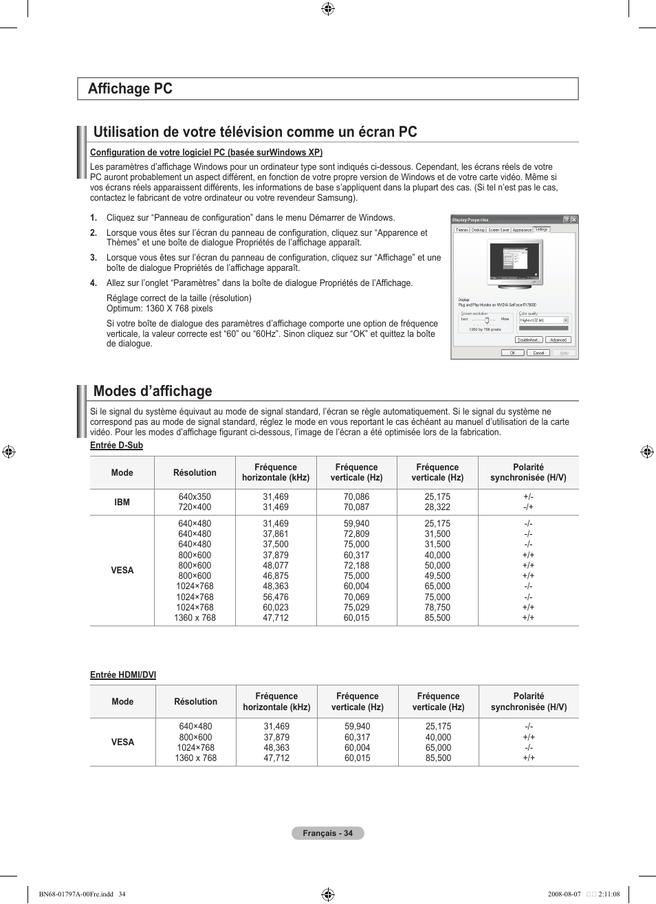 Utilisation de votre télévision comme un écran pc, Modes d’affichage, Affichage pc | Samsung BN68-01797A-00 User Manual | Page 98 / 187