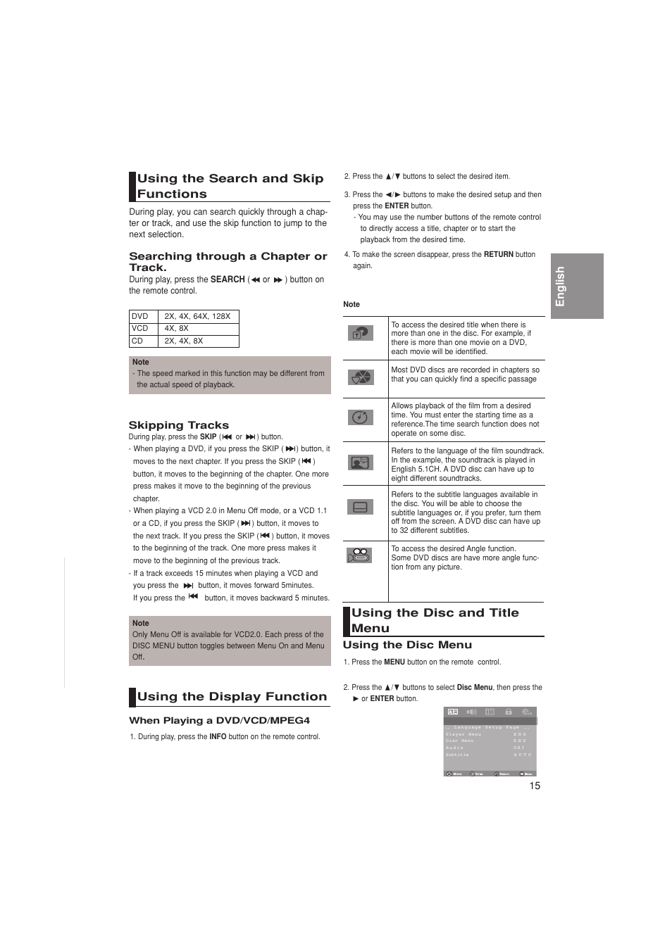 Using the search and skip functions, Using the display function, Using the disc and title menu | English using the search and skip functions | Samsung DVD-P181K  EN User Manual | Page 15 / 32