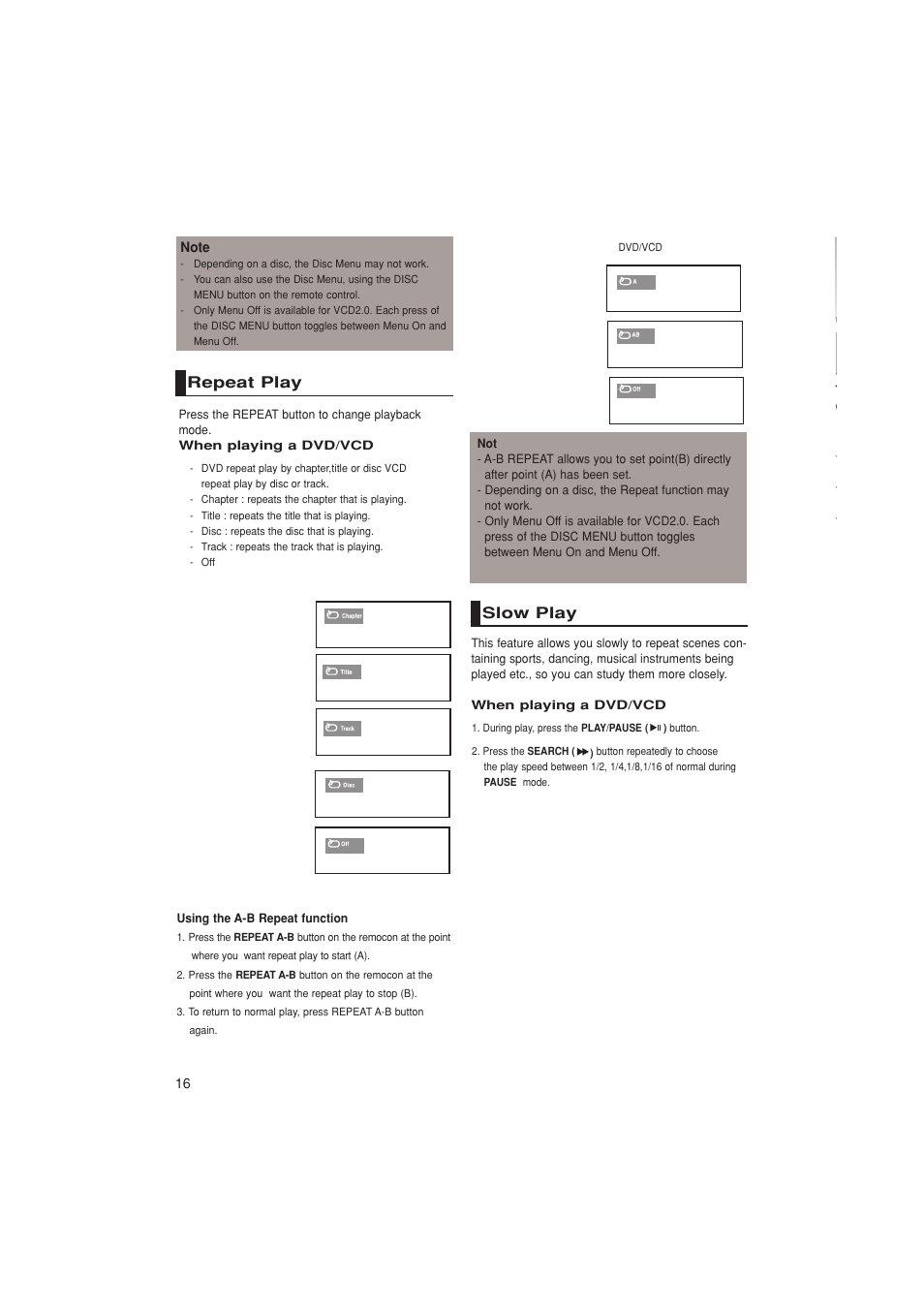 Repeat play, Slow play | Samsung DVD-P181K  EN User Manual | Page 16 / 32