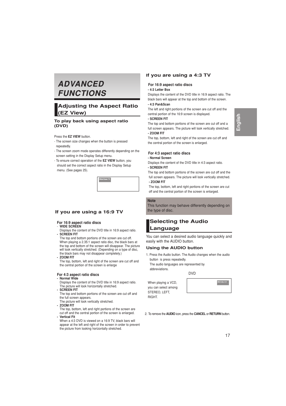Advanced functions, Adjusting the aspect ratio(ez view), Selecting the audio language | Adv anced anced functions functions | Samsung DVD-P181K  EN User Manual | Page 17 / 32