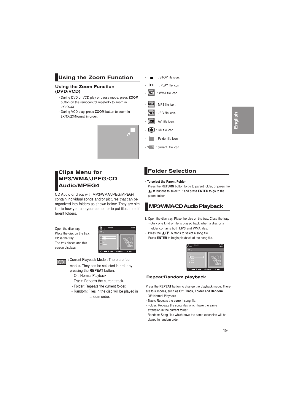 Using the zoom function, Clips menu for mp3/wma/jpeg/cd audio/mpeg4, Folder selection | Mp3/wma/cd audio playback, English using the zoom function, Folder selection mp3/wma/cd audio playback | Samsung DVD-P181K  EN User Manual | Page 19 / 32