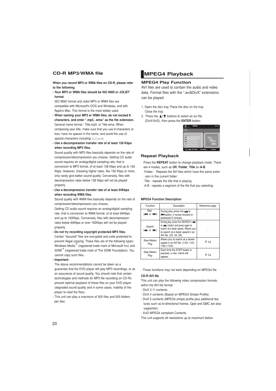 Mpeg4 playback, 20 cd-r mp3/wma file | Samsung DVD-P181K  EN User Manual | Page 20 / 32