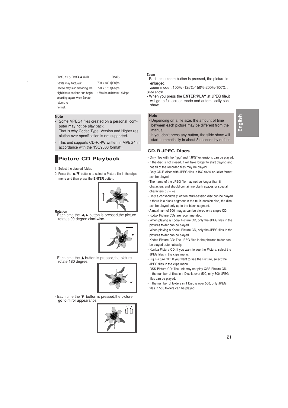 Picture cd playback, English picture cd playback | Samsung DVD-P181K  EN User Manual | Page 21 / 32