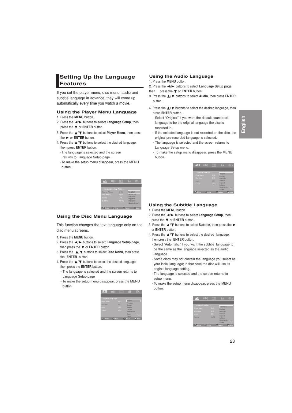 Setting up the language features, English | Samsung DVD-P181K  EN User Manual | Page 23 / 32