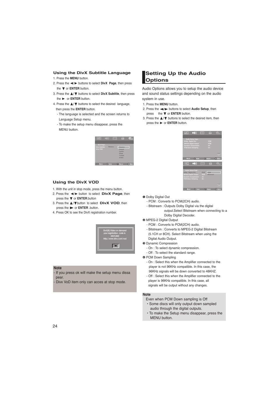 Setting up the audio options | Samsung DVD-P181K  EN User Manual | Page 24 / 32