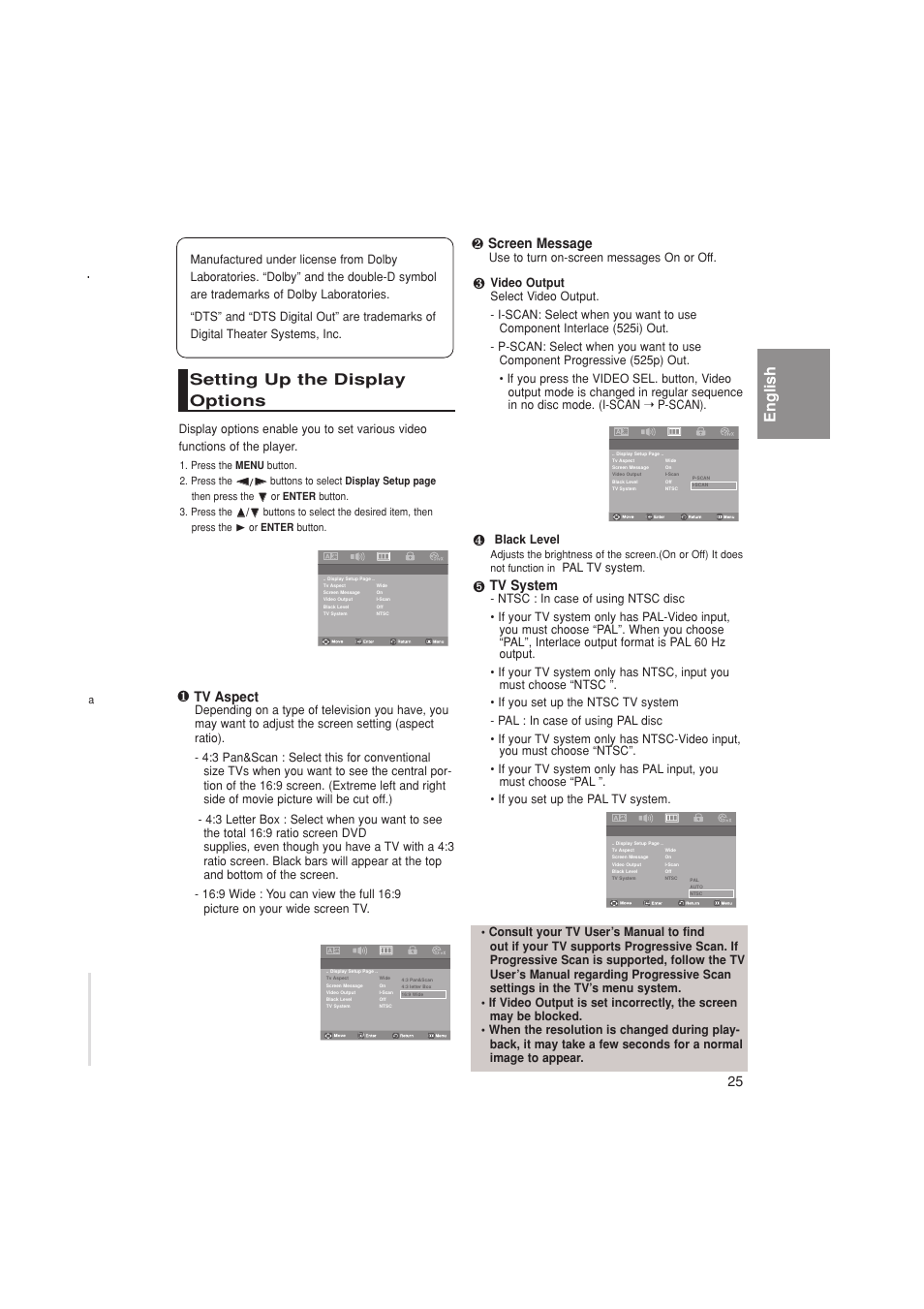 Setting up the display options, English, Tv system | Screen message, Tv aspect | Samsung DVD-P181K  EN User Manual | Page 25 / 32