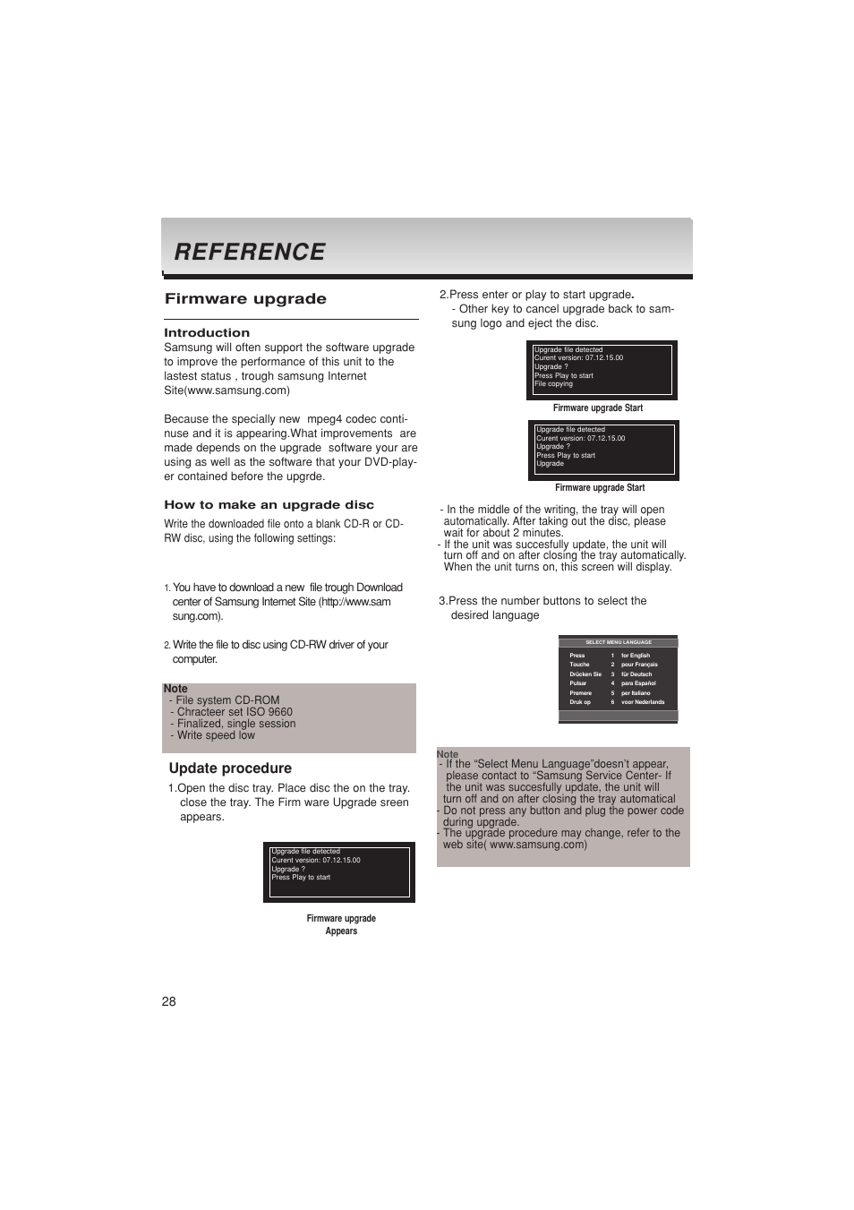 Reference, Firmware upgrade, Update procedure | Samsung DVD-P181K  EN User Manual | Page 28 / 32