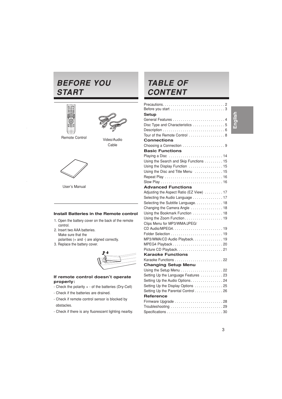 Before you start, Before, Before you you st st ar ar t t | Table of able of content content | Samsung DVD-P181K  EN User Manual | Page 3 / 32
