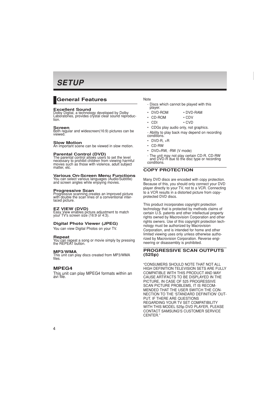 Setup, General features | Samsung DVD-P181K  EN User Manual | Page 4 / 32