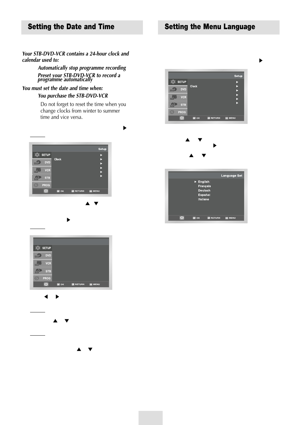 Setting the date and time, Setting the menu language | Samsung SV-DVD54T User Manual | Page 11 / 53