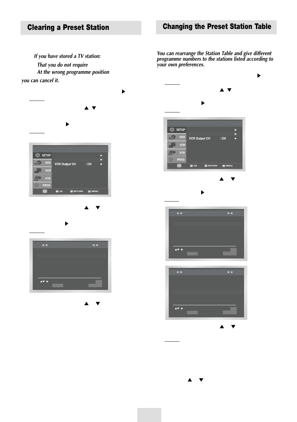 Clearing a preset station, Changing the preset station table | Samsung SV-DVD54T User Manual | Page 14 / 53