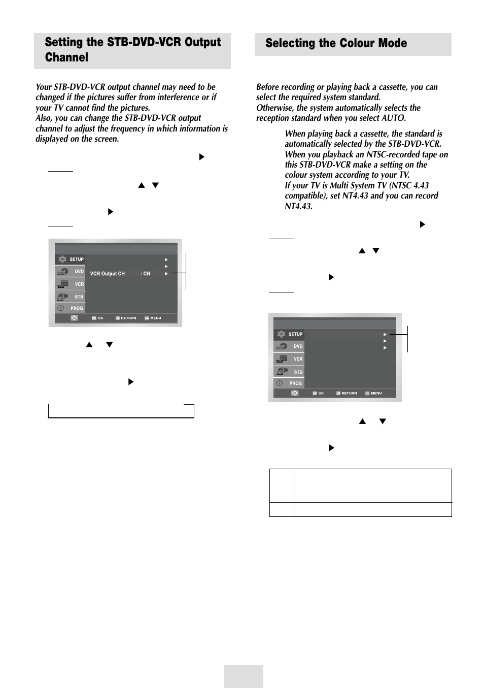 Setting the stb-dvd-vcr output channel, Selecting the colour mode | Samsung SV-DVD54T User Manual | Page 15 / 53