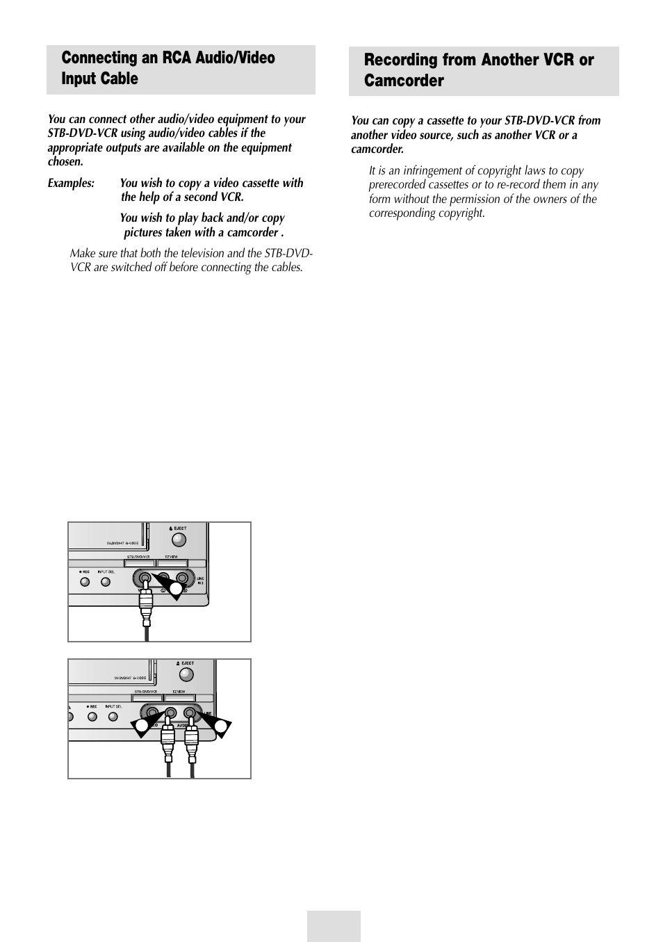 Connecting an rca audio/video input cable, Recording from another vcr or camcorder | Samsung SV-DVD54T User Manual | Page 27 / 53