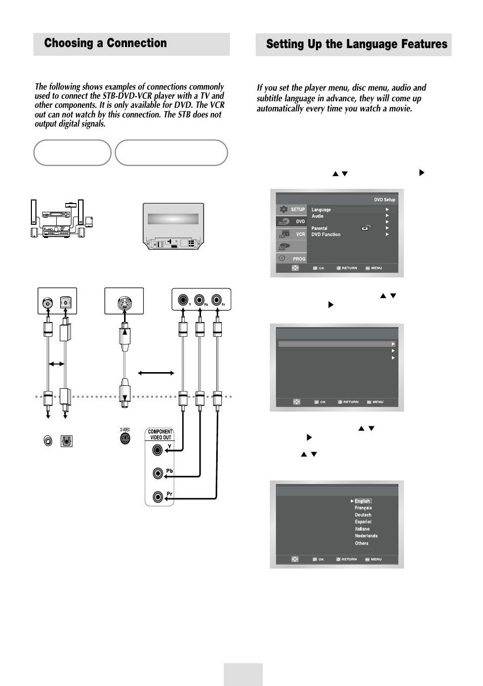 Dvd functions, Choosing a connection, Setting up the language features | Using the disc menu language | Samsung SV-DVD54T User Manual | Page 29 / 53