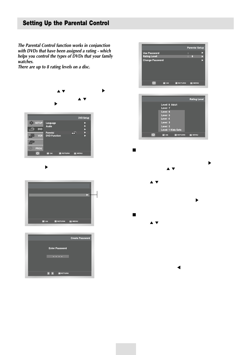Setting up the parental control, Acxz setting up the parental control | Samsung SV-DVD54T User Manual | Page 33 / 53