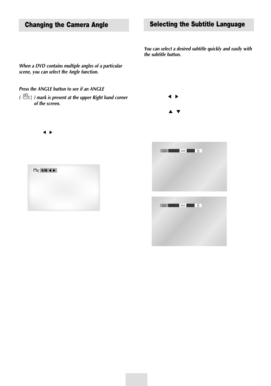 Changing the camera angle, Selecting the subtitle language, Acxz changing the camera angle | Acxz selecting the subtitle language, Using the angle button, Using the subtitle button | Samsung SV-DVD54T User Manual | Page 37 / 53