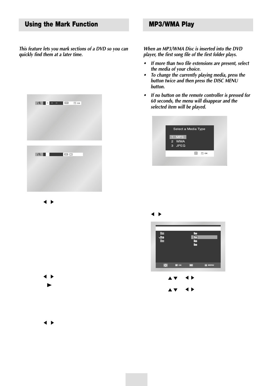 Using the mark function, Mp3/wma play, Acxz mp3/wma play | Acxz using the mark function, Mp3/wma play function, Using the mark function (dvd), Recalling a marked scene clearing a mark | Samsung SV-DVD54T User Manual | Page 39 / 53