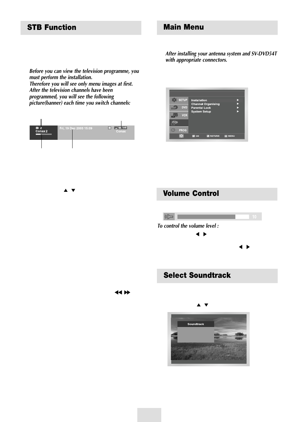 Stb function, Main menu, Volume control | Select soundtrack, Solving problems, Stb function select soundtrack volume control, Display screen | Samsung SV-DVD54T User Manual | Page 42 / 53