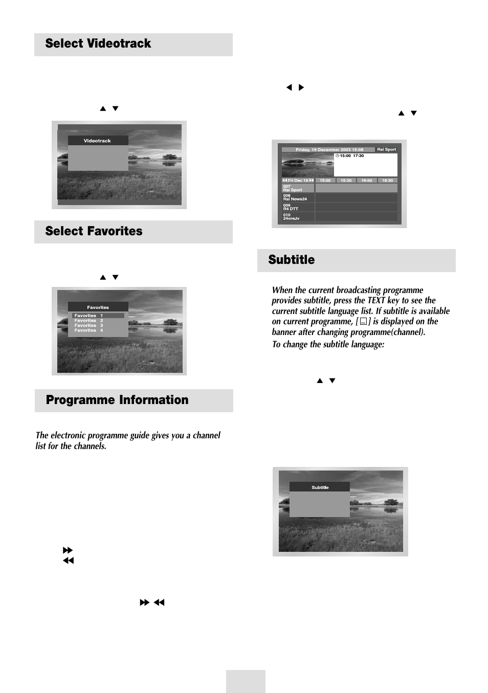 Select videotrack, Select favorites, Programme information | Subtitle | Samsung SV-DVD54T User Manual | Page 43 / 53