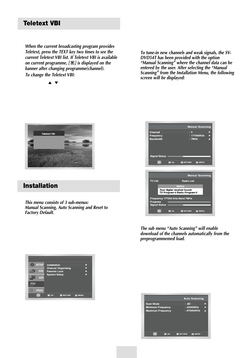 Teletext vbi, Installation, Manual scanning | Auto scanning | Samsung SV-DVD54T User Manual | Page 44 / 53
