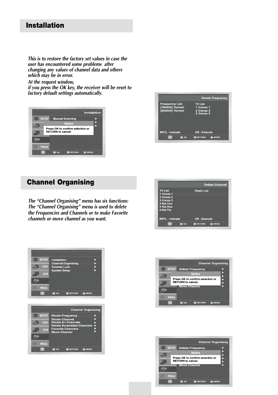 Channel organising, Installation, Delete all channels | Delete scrambled channels, Delete channel, Delete frequency, Reset to factory defaults | Samsung SV-DVD54T User Manual | Page 45 / 53