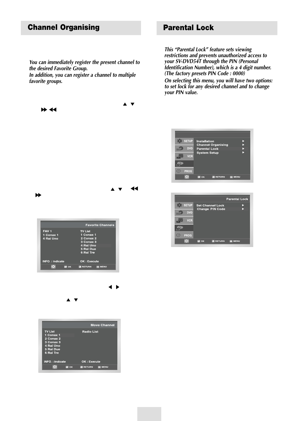Parental lock, Channel organising, Favorite channels | Move channel | Samsung SV-DVD54T User Manual | Page 46 / 53