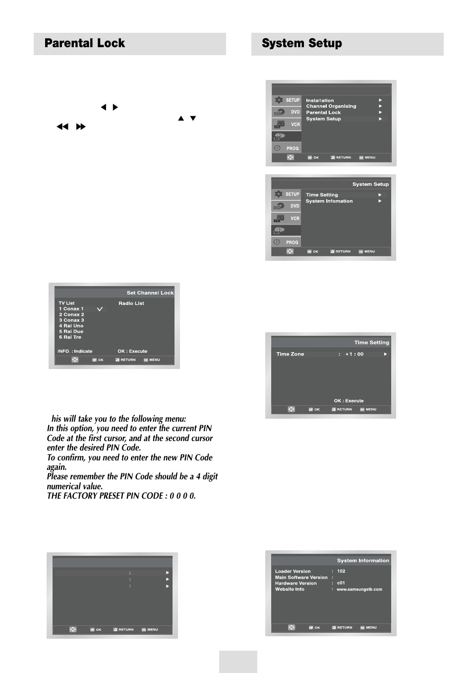 System setup, System setup parental lock, Change pin code | Set channel lock, System information, Time setting | Samsung SV-DVD54T User Manual | Page 47 / 53