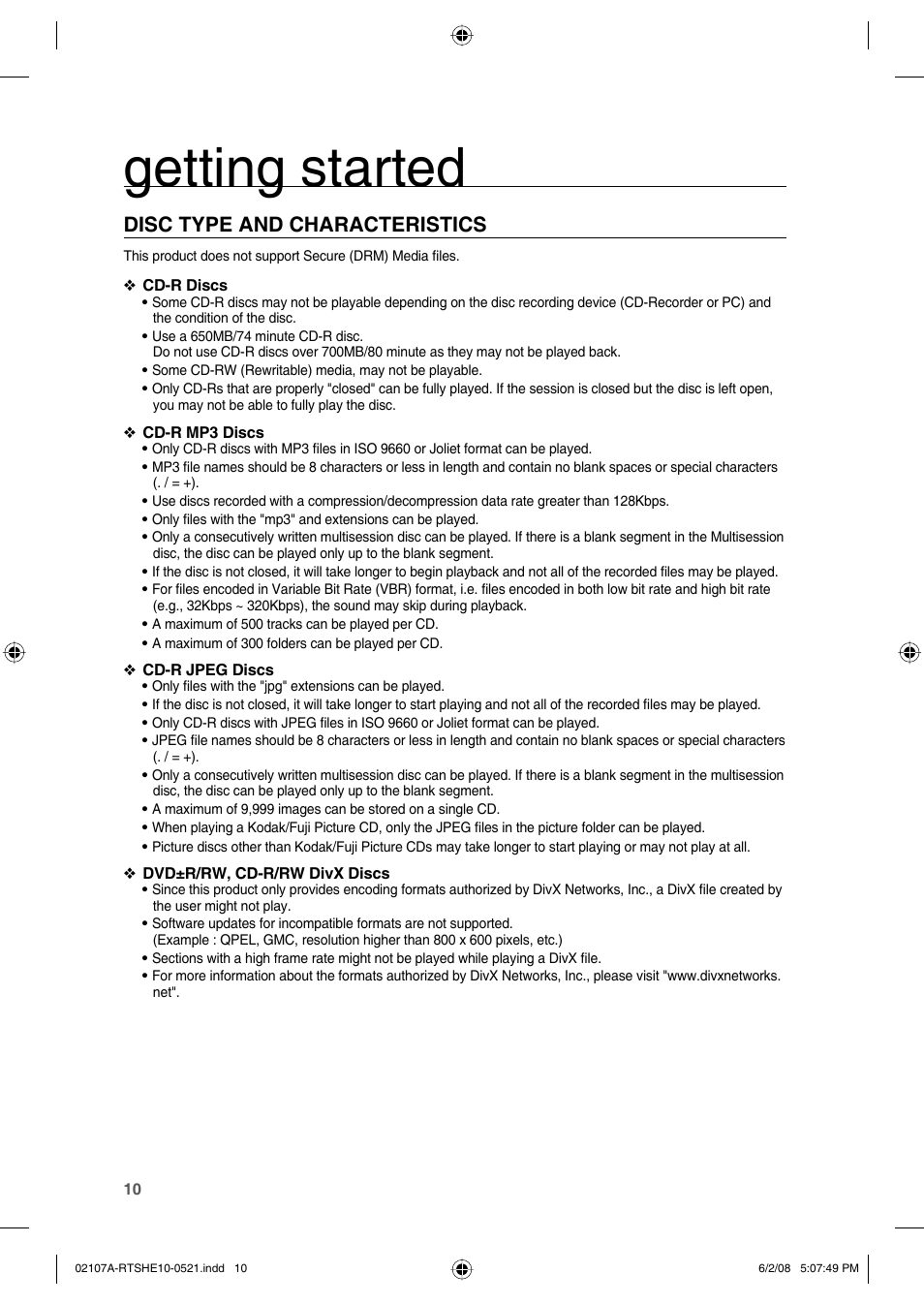 Disc type and characteristics, Getting started | Samsung HE10T User Manual | Page 10 / 54