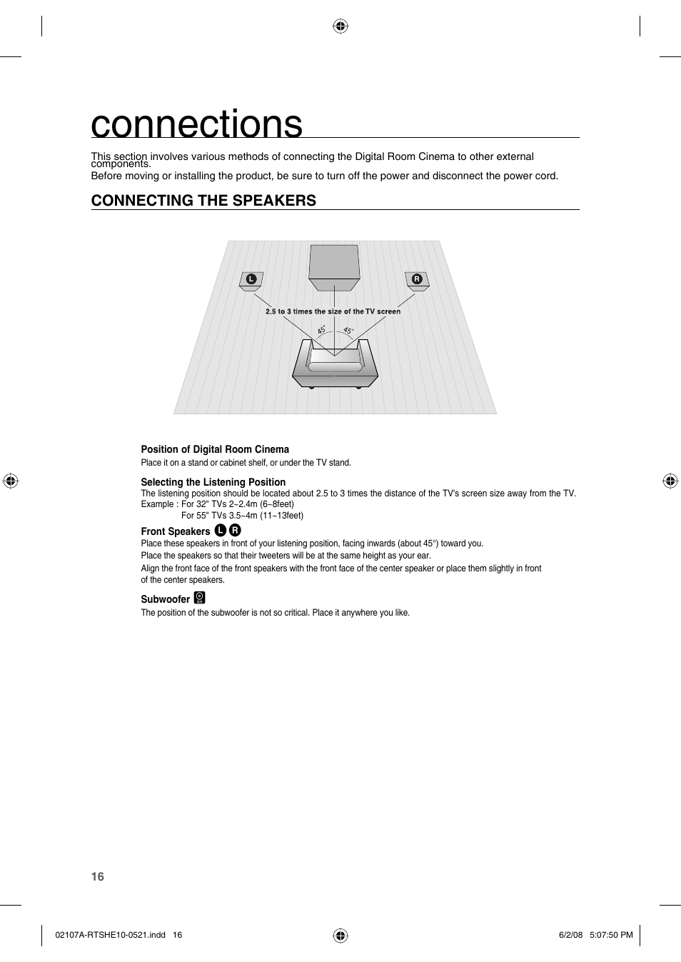 Connections, Connecting the speakers | Samsung HE10T User Manual | Page 16 / 54