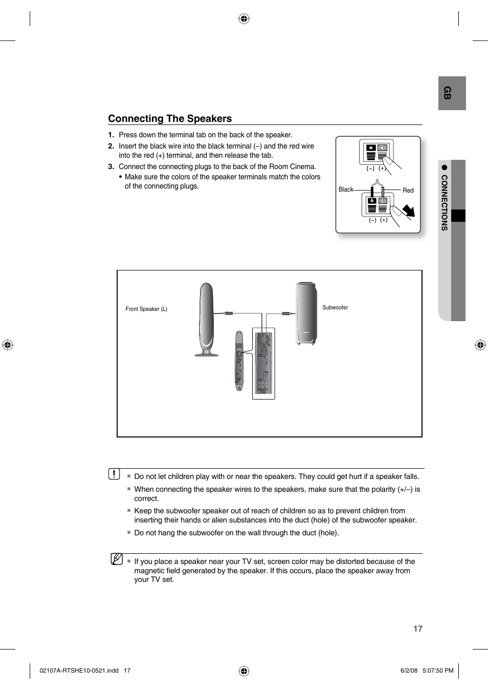 Connecting the speakers | Samsung HE10T User Manual | Page 17 / 54