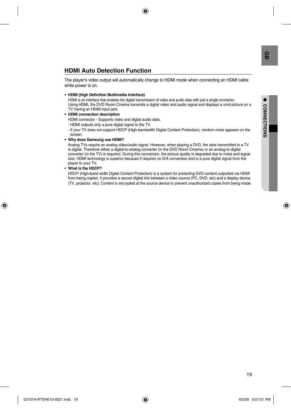 Hdmi auto detection function | Samsung HE10T User Manual | Page 19 / 54