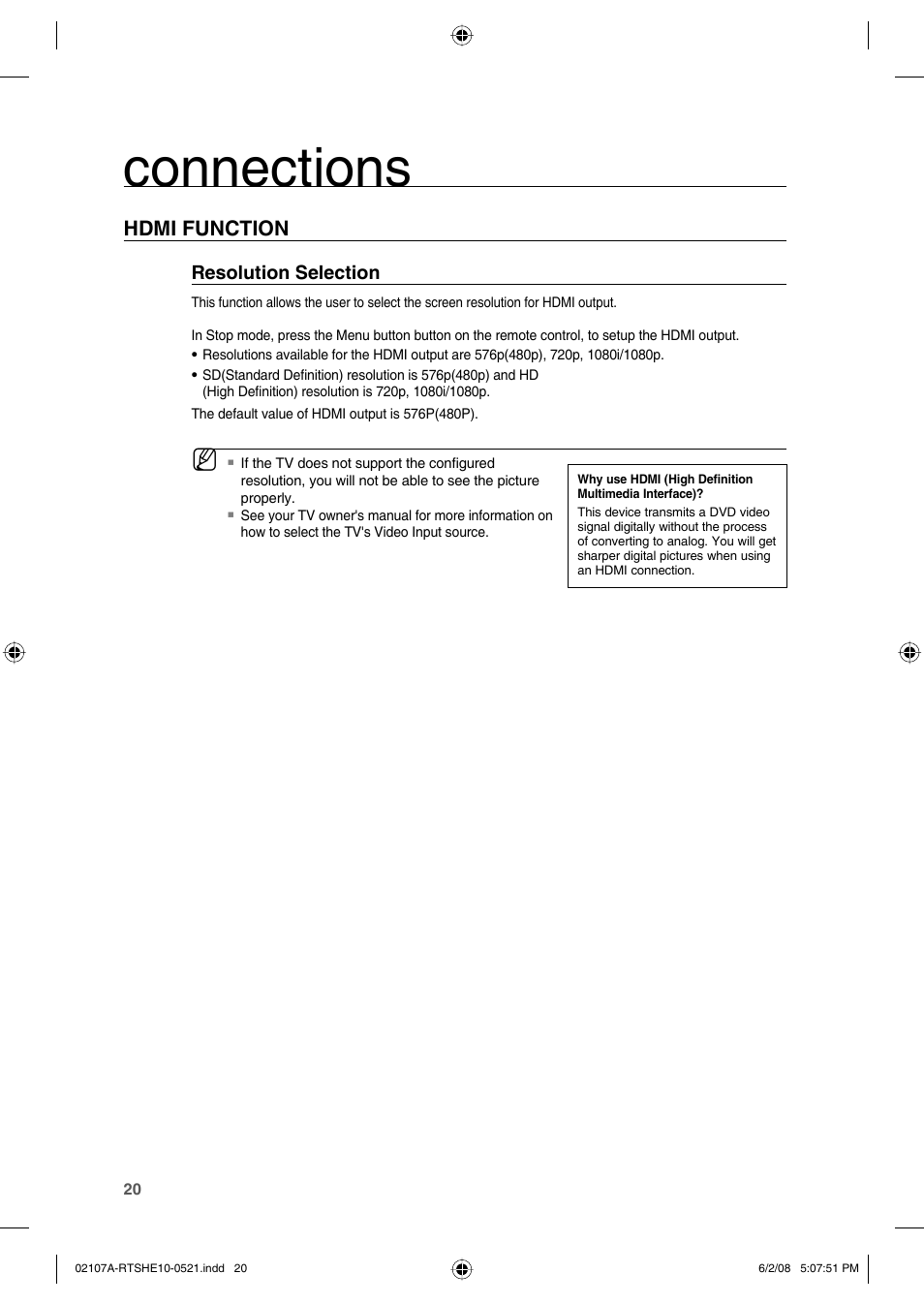 Hdmi function, Connections | Samsung HE10T User Manual | Page 20 / 54