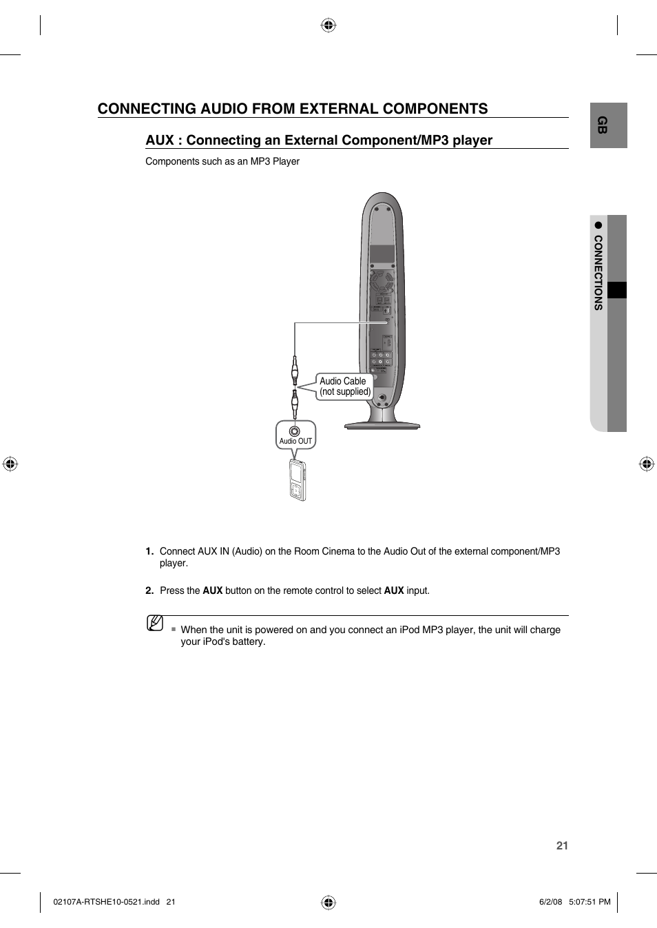 Connecting audio from external components, Aux : connecting an external component/mp3 player | Samsung HE10T User Manual | Page 21 / 54