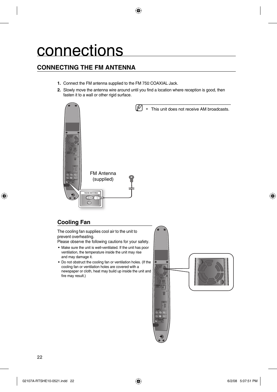 Connecting the fm antenna, Connections | Samsung HE10T User Manual | Page 22 / 54