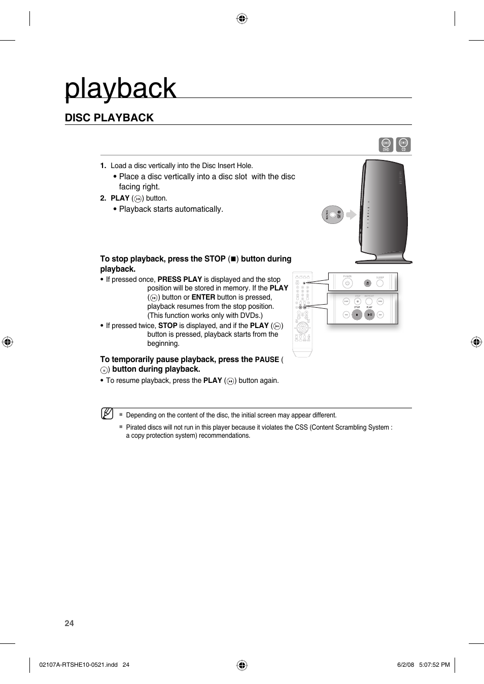 Playback, Disc playback | Samsung HE10T User Manual | Page 24 / 54