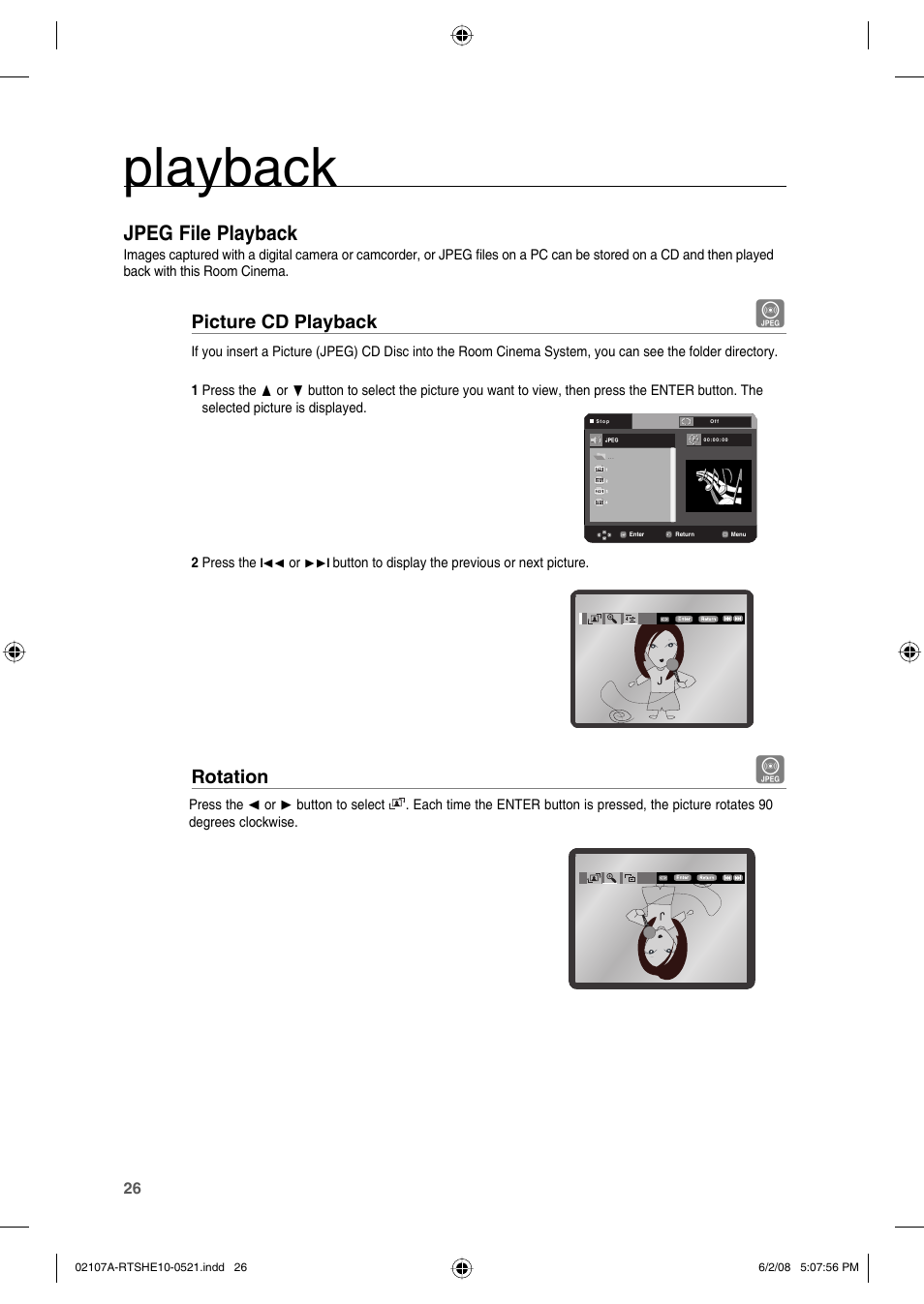 Jpeg file playback, Playback, Picture cd playback | Rotation | Samsung HE10T User Manual | Page 26 / 54