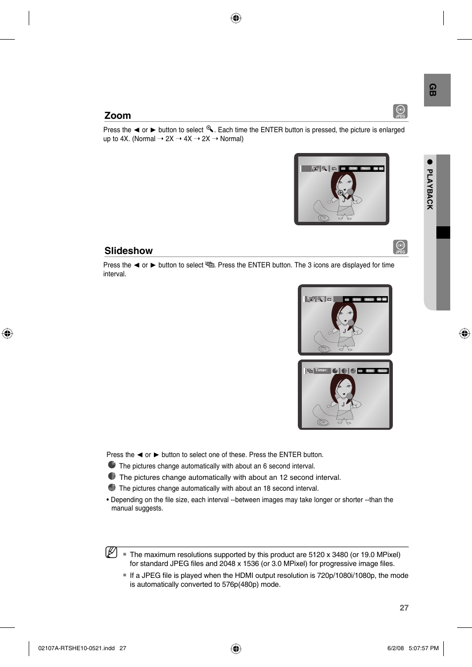 Zoom, Slideshow | Samsung HE10T User Manual | Page 27 / 54