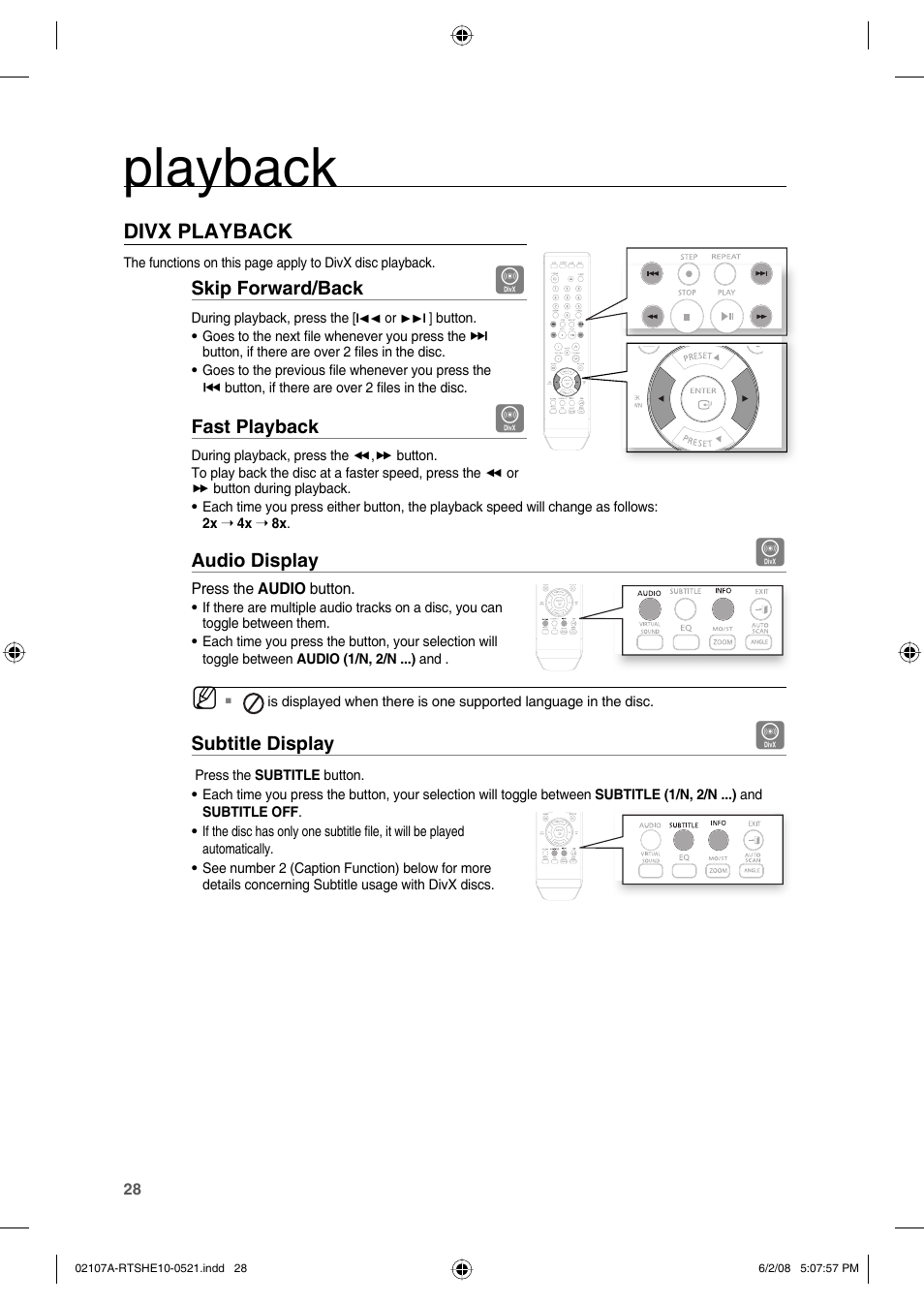Divx playback, Playback | Samsung HE10T User Manual | Page 28 / 54