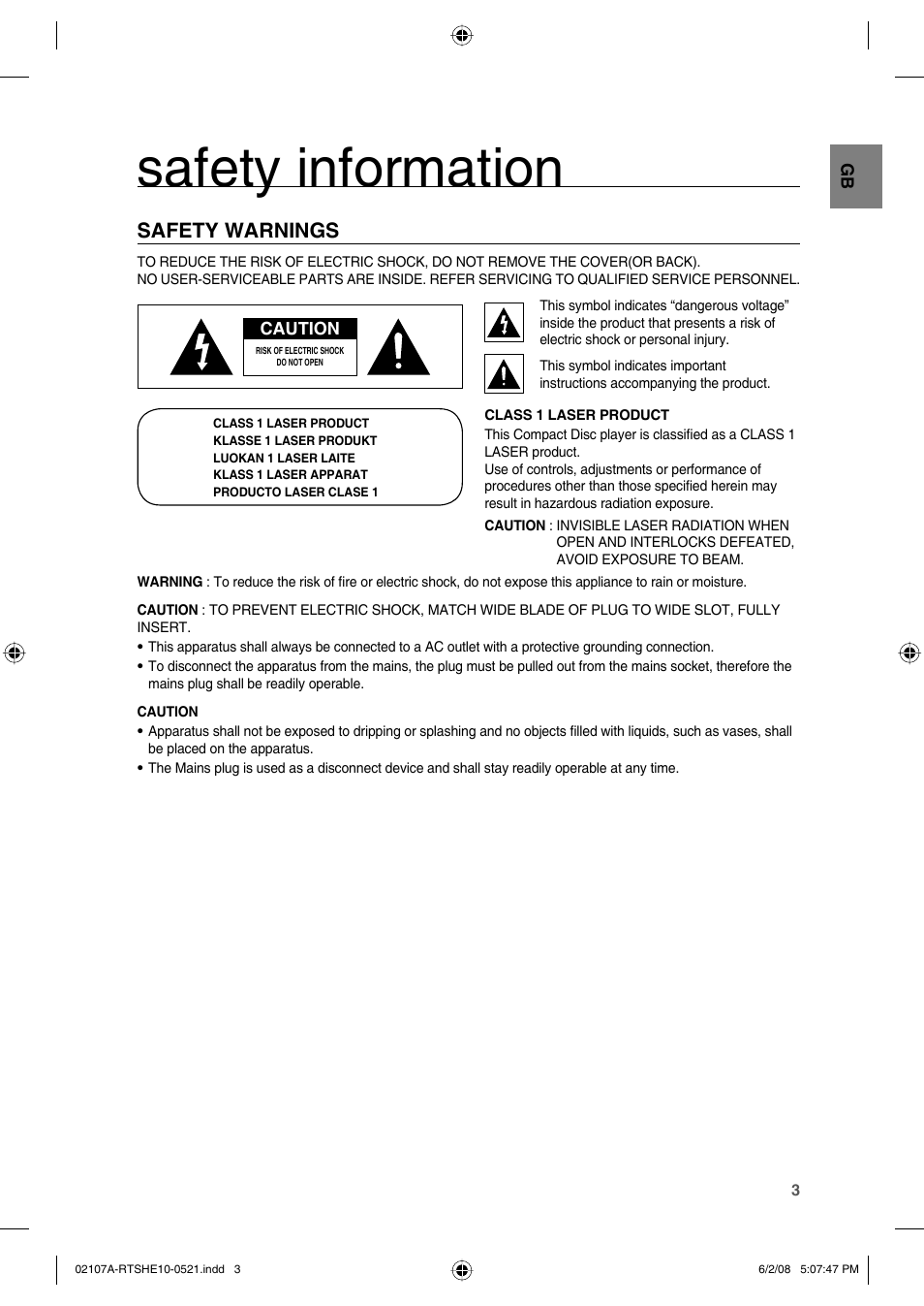 Safety information, Safety warnings | Samsung HE10T User Manual | Page 3 / 54