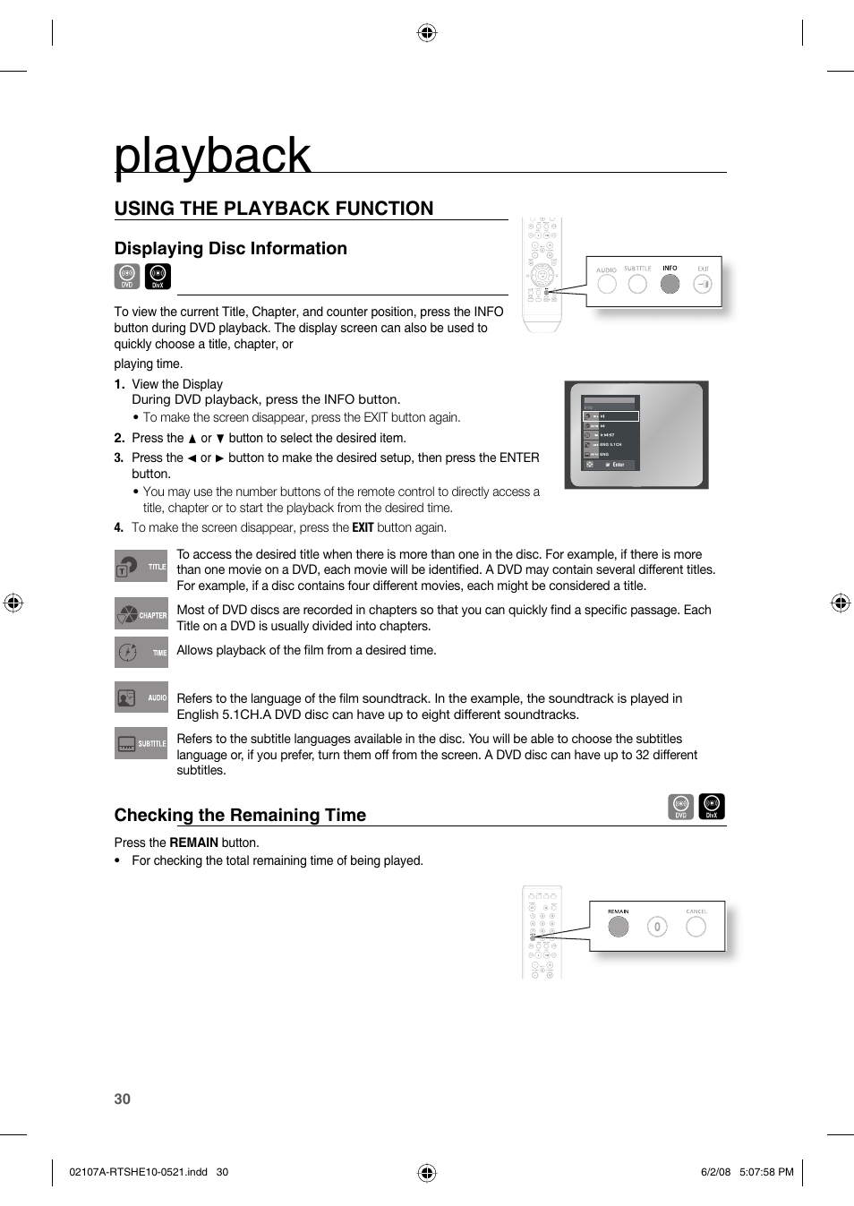 Using the playback function, Playback, Displaying disc information | Checking the remaining time | Samsung HE10T User Manual | Page 30 / 54